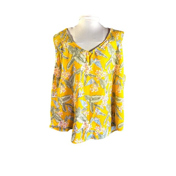 Yellow Floral Sleeveless Top With Smocked Shoulders & V-Neckline Womens L - Picture 1 of 9